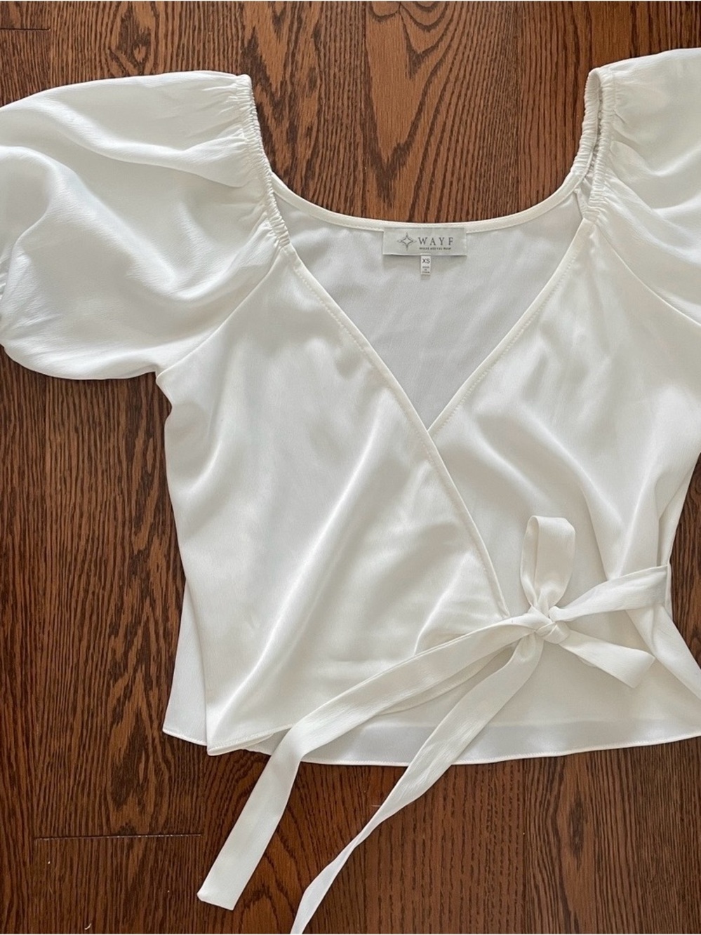 Wayf White Wrap Puff-Sleeve Satin Blouse
